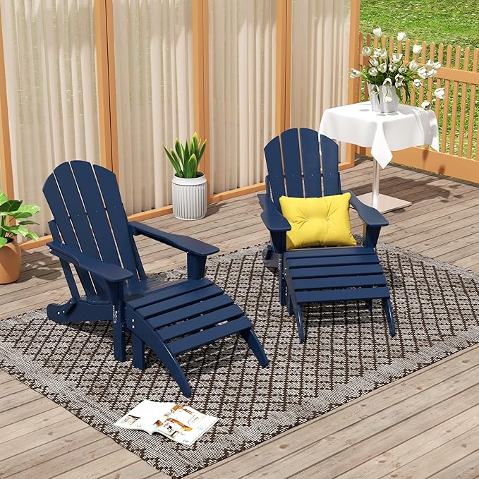 WO Home Furniture Adirondack Chair Outdoor Ottoman Set of 2 PCS Classic Patio Furniture (Navy Blue)
