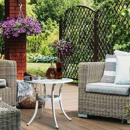 VINGLI 23.6" Cast Aluminum Side Table with Umbrella Hole - All Weather Round Patio Coffee Bistro End Table (White)