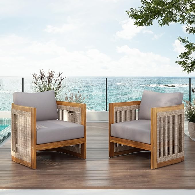 Christopher Knight Home Dora Set of 2 Patio Club Chair with Cushions, Acacia Wood Lounge Chair Outdoor, Woven Accents - Photo 4