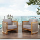 Christopher Knight Home Dora Set of 2 Patio Club Chair with Cushions, Acacia Wood Lounge Chair Outdoor, Woven Accents - Photo 4