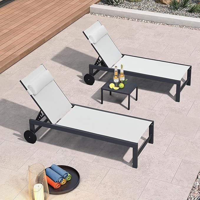 PURPLE LEAF Patio Lounge Chair Set of 3 Outdoor Chaise Lounger Aluminum Frame with Side Table and Wheels for Pool - Photo 1