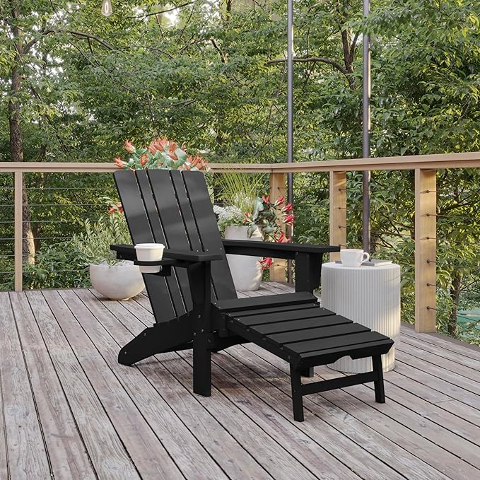 Flash Furniture Halifax Poly Resin Adirondack Chair with Cup Holder and Pull Out Ottoman, All-Weather Poly Resin Indoor/Outdoor Lounge Chair, Black