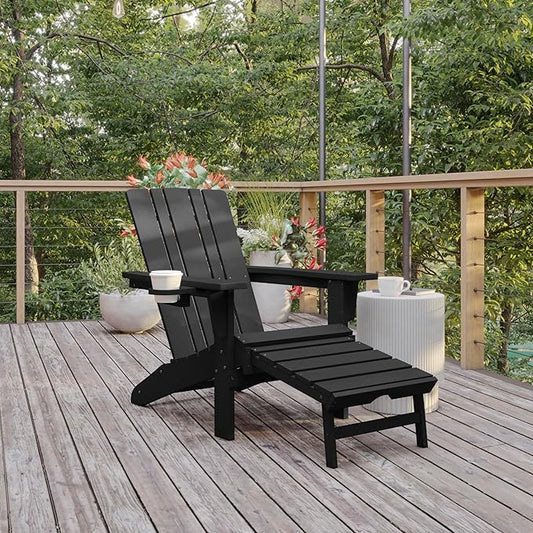 Flash Furniture Halifax Poly Resin Adirondack Chair with Cup Holder and Pull Out Ottoman, All-Weather Poly Resin Indoor/Outdoor Lounge Chair, Black