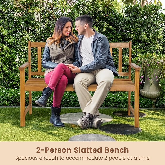 HAPPYGRILL Patio Wood Bench with Ergonomic Backrest & Armrests, 2-Person Outdoor Bench, All-Weather Acacia Wood Frame, Loveseat Outside Bench for Garden Balcony Poolside Porch Deck