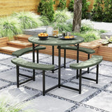 Giantex Picnic Table Bench Set for 4-8 Person, Round 37” Outdoor Dining Table w/Umbrella Hole, HDPE Tabletop - Photo 2