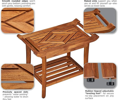 Luxury Teak Shower Bench Stool Seat Chair with Leveling Feet, Waterproof, Teak Oil Finish, Large, 25x19x14, for Bathroom, Spa, Sauna, Pool Deck, Patio, Garden, RV, from Our Diamond Collection