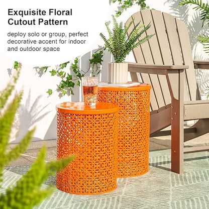 Glitzhome Outdoor Side Table Set of 2, Decorative Garden Stool for Patio Heavy Duty Metal Frame Accent Table Modern End Table, Glossy Orange