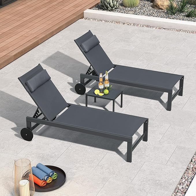 PURPLE LEAF Patio Lounge Chair Set of 3 Outdoor Chaise Lounger Aluminum Frame with Side Table and Wheels for Pool - Photo 1