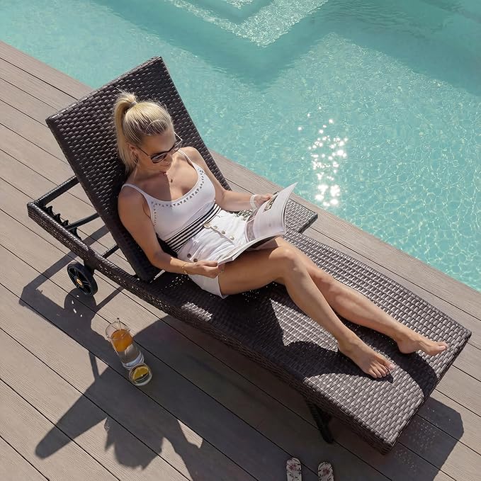 Polibi 80" Patio Wicker Chaise Lounge Chairs Set of 2, Outdoor All-Weather Design Rattan Reclining Lounge Chair with Rolling Wheels & Pull-Out Side Table, 4-Level Adjustable Backrest,Black & Brown