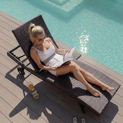 Polibi 80" Patio Wicker Chaise Lounge Chairs Set of 2, Outdoor All-Weather Design Rattan Reclining Lounge Chair with Rolling Wheels & Pull-Out Side Table, 4-Level Adjustable Backrest,Black & Brown