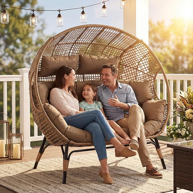 NICESOUL® Double Egg Chair Indoor Outdoor Stationary Oversized Thicken Padded Cushions, 2 Person Egg Loveseat Chair - Photo 4