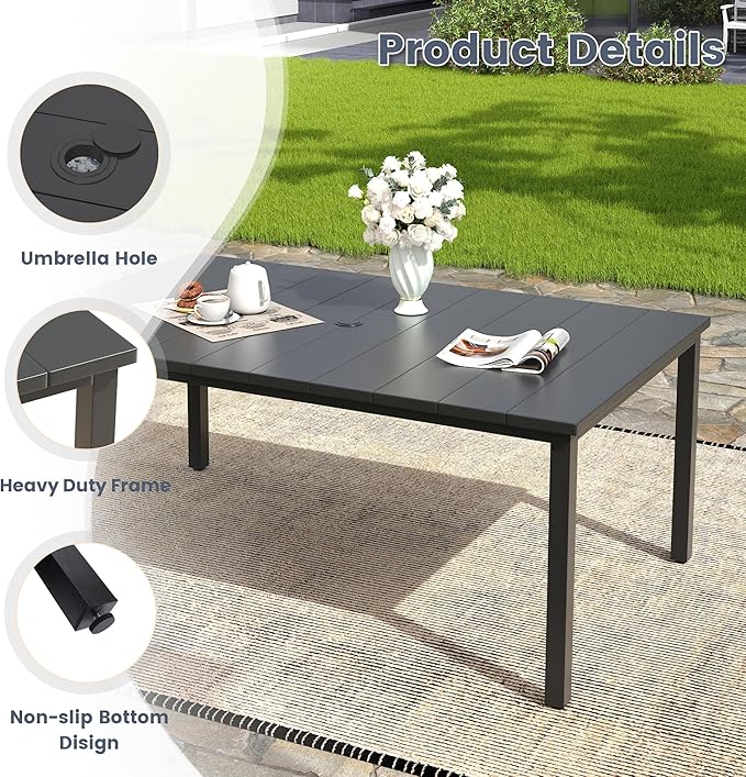 VICLLAX Outdoor Patio Dining Table for 6, 63" Rectangle Dining Table with Umbrella Hole for Porch, Backyard, Garden, Deck, Black