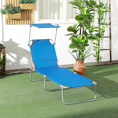Outsunny Outdoor Lounge Chair, Adjustable Folding Chaise Lounge, Tanning Chair with Sun Shade for Beach, Camping, Hiking, Backyard, Blue