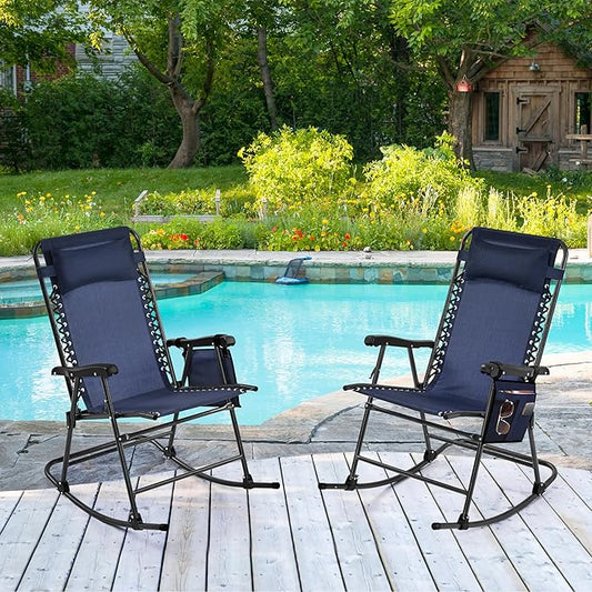 Yaheetech 26in Rocking Chair Outdoor Zero Gravity Folding Chairs Rocking Chairs Foldable Outdoor Lounge Chair for Outside Lawn with Cupholder/Pillow Ergonomic Design for Rest, Navy Blue, Set of 2