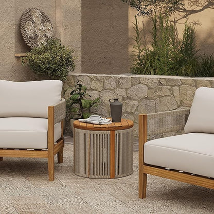 LuxenHome Outdoor Coffee Table, 17'' Tall Rope Modern Acacia Wood Outdoor Side Table for Patio, Garden Accent Round End Tables for Outside, Wooden Drum Table Indoor and Outdoor