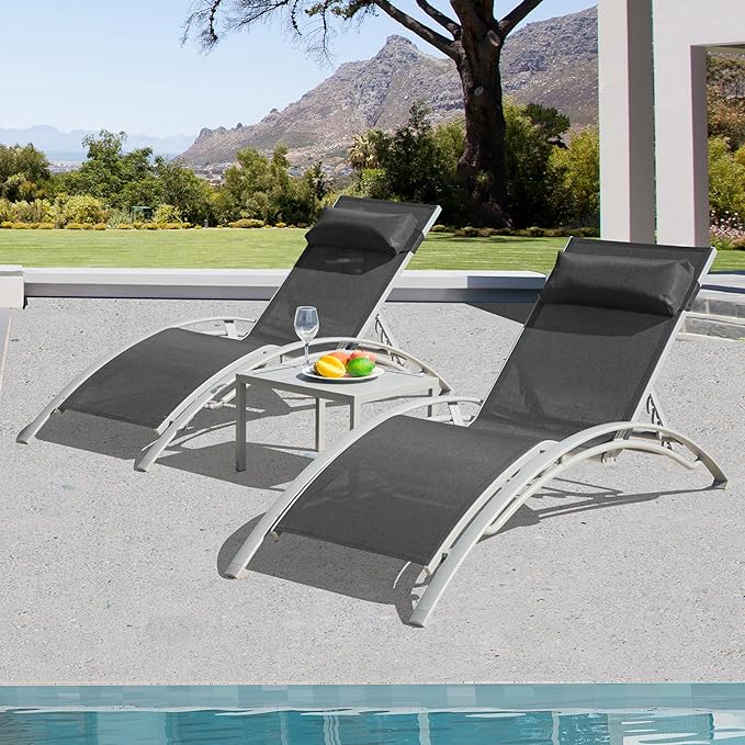 Domi Pool Lounge Chairs Set of 2 with Side Table, Aluminum Adjustable Outdoor Chaise Lounge, All Weather Poolside Chairs for Deck Lawn Poolside, Textilene (Dark Grey)