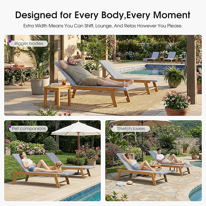 PURPLE LEAF Extra Large Patio Chaise Lounge 2 Pieces French Outdoor Wicker Lounger Matte Teak Aluminum Frame 771LBS Capacity PE Rattan Adjustable Backrest for Pool Garden Beach Backyard Navy