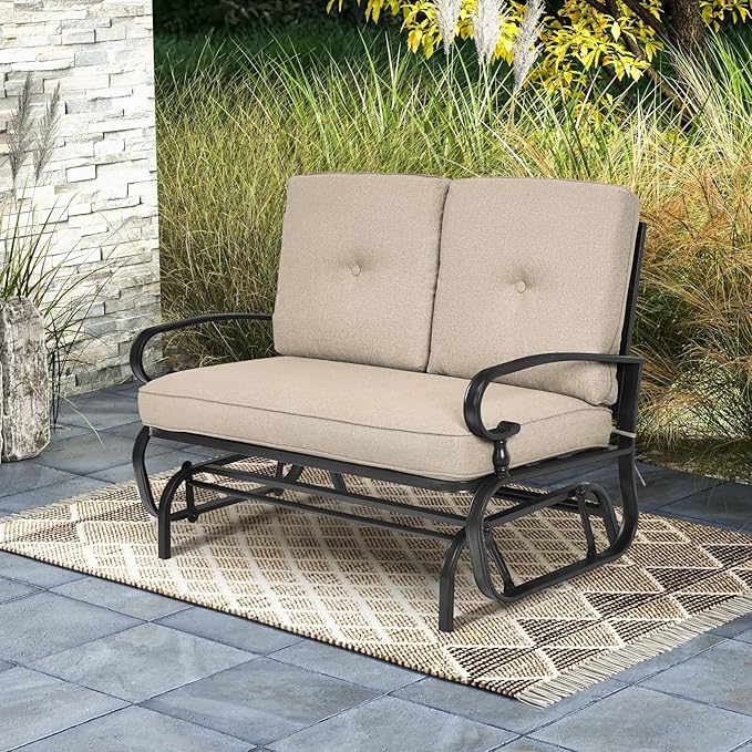 Tangkula Outdoor Swing Glider Chair, Patio Glider Bench for 2 Persons, Outdoor Rocking Loveseat with Steel Frame & Comfortable Cushions for Garden, Porch, Balcony, Poolside (Beige)