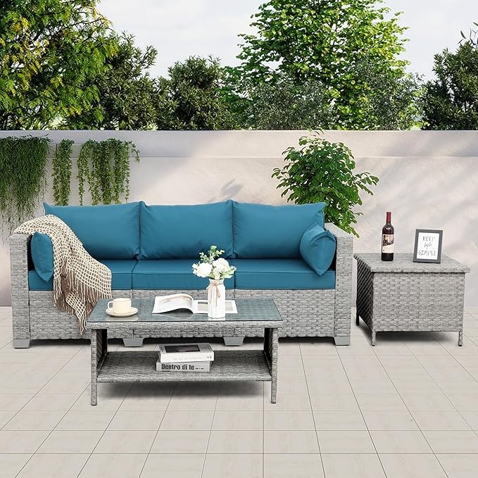WAROOM Outdoor Couch 3 Seater Wicker Patio Sofa Grey Rattan Balcony Furniture Deep Seat Porch Seating - Photo 5