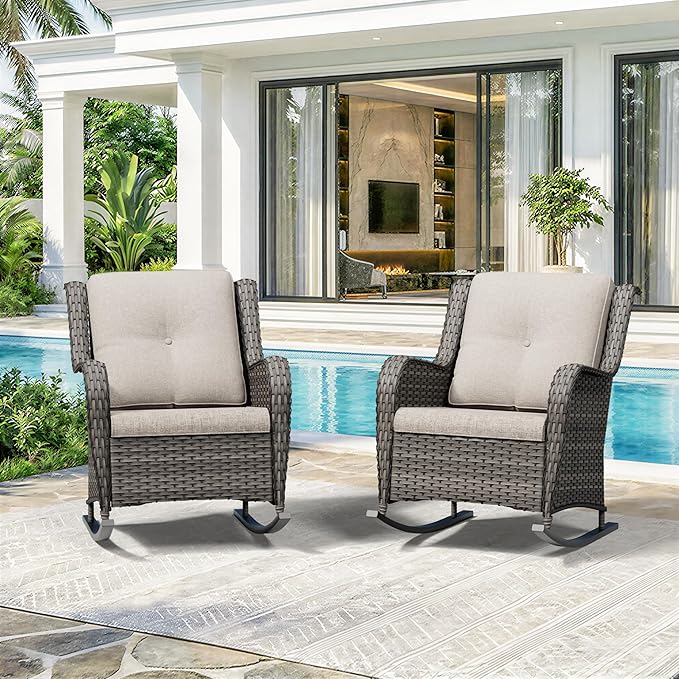 Patio Rocking Chairs Set of 2, Outdoor Wicker Patio Furniture Set 2 Pieces with Thickened Olefin Cushions - Photo 8