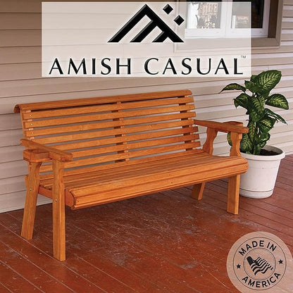 Amish Casual Heavy Duty Pressure Treated 4 Foot Outdoor Garden Bench with Cup Holders - Amish Crafted Roll Back Design in Cedar Stain, 700 Lb Weight Capacity
