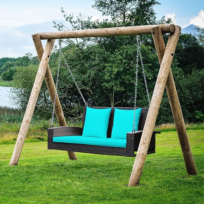 Tangkula 2-Person Wicker Hanging Porch Swing, Patiojoy Outdoor Rattan Swing Bench W/ 2 Back Cushions & 1 Seat Cushion - Photo 2