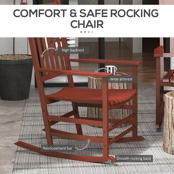 Outsunny Outdoor Rocking Chair Set of 2, Patio Rocking Chair with Smooth Curves, High Density Wooden Rockers for Lawn Garden Porch, Supports Up to 350lbs, Wine Red