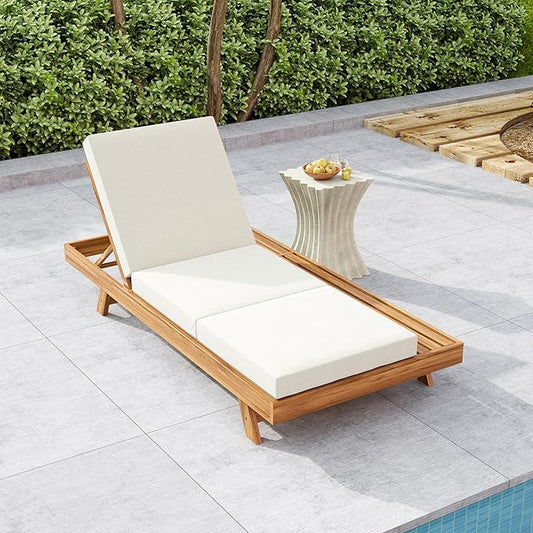 Merax Chaise Lounge Chair Set with Adjustable Backrest & Flat Storage Surface, 2/3 Foldable Acacia Wood Patio Recliner with 4" Thick Triple-fold Cushion