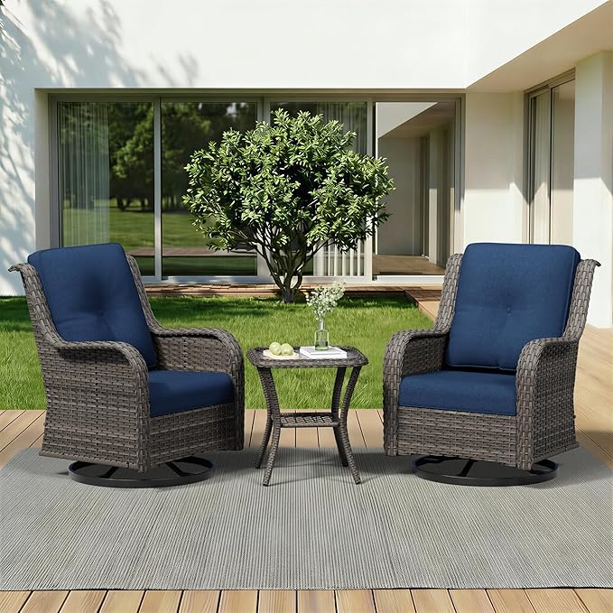 3 Piece Outdoor Wicker Patio Furniture Set, Swivel Rocker Patio Chairs Set with Thickened Olefin Cushions, High Back and Deep Seating, Hand-Woven PE Rattan for Porch, Deck