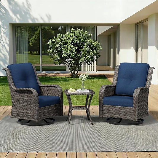 3 Piece Outdoor Wicker Patio Furniture Set, Swivel Rocker Patio Chairs Set with Thickened Olefin Cushions, High Back and Deep Seating, Hand-Woven PE Rattan for Porch, Deck