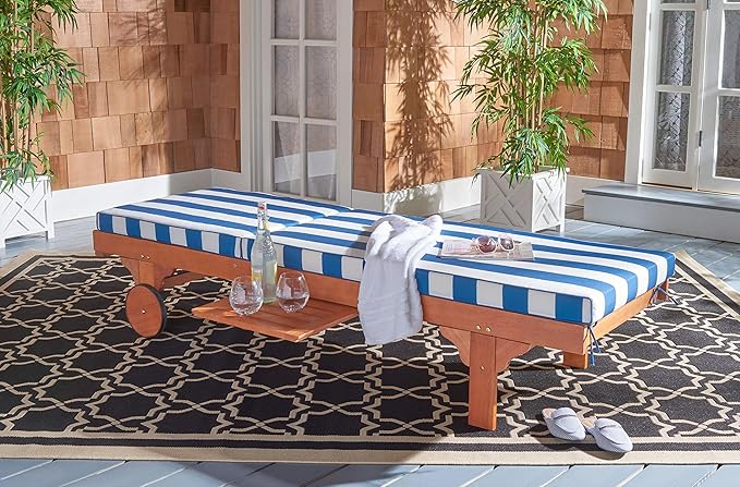 SAFAVIEH Outdoor Collection Newport Natural/ Blue & White Stripe Cushion Built-in Side Table Adjustable Chaise Lounge Chair