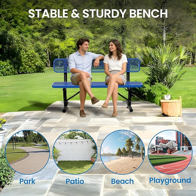 6 Feet Steel Park Bench for Outside, Outdoor Bench with Backrest & Portable Frame, Commercial Benches for Shopping Malls, Stores, Parks, Patios, Decks, Dark Blue