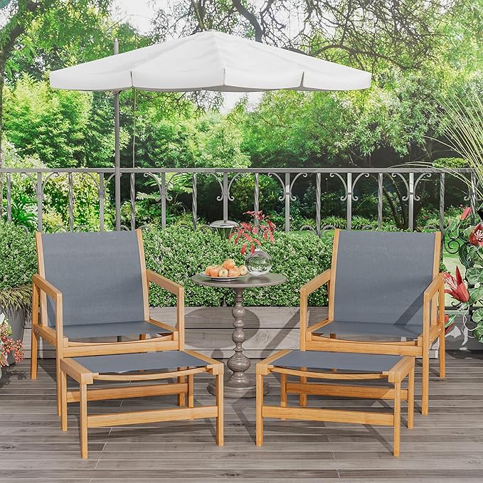 Greesum 4 Piece Furniture Outdoor Acacia Wood Chair with Ottoman for Porch, Balcony, Deck, Patio, Backyard, Gray - Photo 4