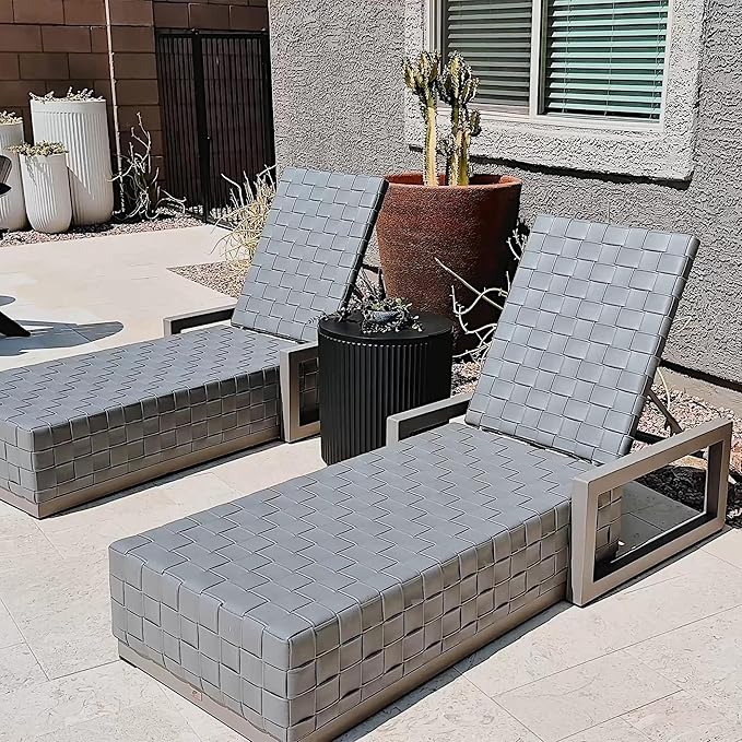 PURPLE LEAF Outdoor Chaise Lounge Set of 2, PU Leather Patio Lounge Chair Aluminum Pool Lounge Chairs with 5-Position Adjustable Backrest for Pool, Deck, Garden, Sunbathing, Grey