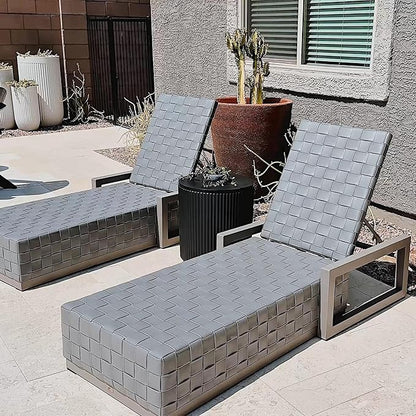 PURPLE LEAF Outdoor Chaise Lounge Set of 2, PU Leather Patio Lounge Chair Aluminum Pool Lounge Chairs with 5-Position Adjustable Backrest for Pool, Deck, Garden, Sunbathing, Grey