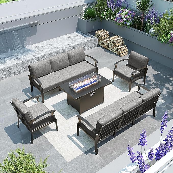 Gotland 8 Seats Outdoor Metal Patio Furniture Set with 55,000 BTU Gas Fire Pit Table w/Glass Wind Guard Patio Conversation Sectional Sofa Sets-Grey