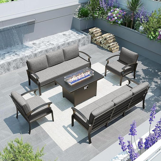 Gotland 8 Seats Outdoor Metal Patio Furniture Set with 55,000 BTU Gas Fire Pit Table w/Glass Wind Guard Patio Conversation Sectional Sofa Sets-Grey