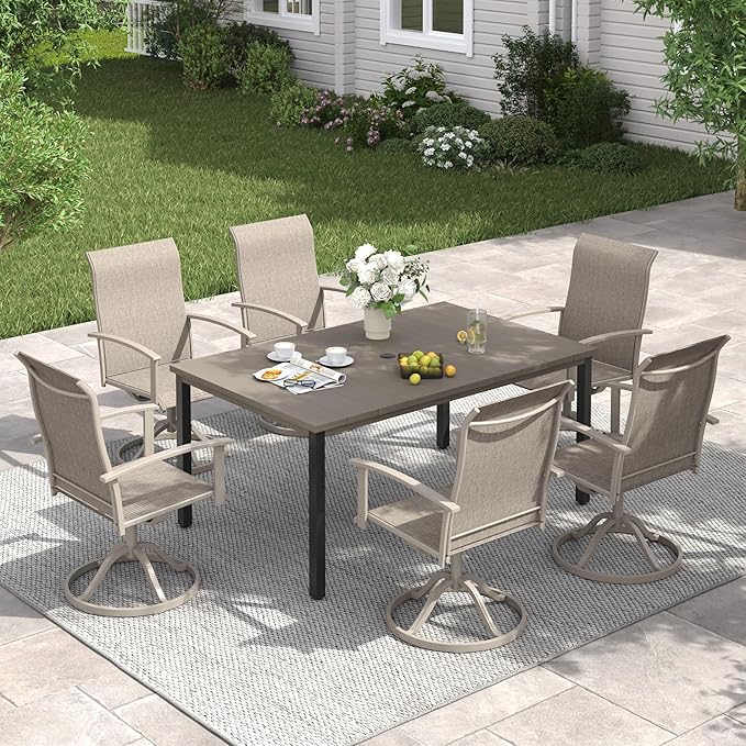 VICLLAX 63" Rectangle Outdoor Dining Table for 6, Patio Table with Umbrella Hole, All Weather Metal Patio Tables, Light Gray Tabletop