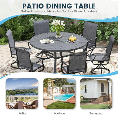 Patio Dining Table for 4-6, Round Metal Outdoor Table with Storage Shelf, 1.57" Umbrella Hole, 47" Outdoor Quartered Tabletop Dining Table for Backyard, Porch, Lawn, Dark Grey