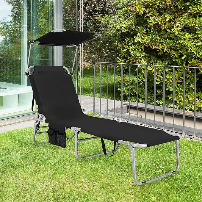 Tangkula Outdoor Folding Chaise Lounge Chair, 5-Fold Reclining Beach Chair, Patio Recliner Chair w/ 360° Canopy Shade & Side Storage Pocket, Portable Chaise Lounge for Beach, Sunbathing (2, Black)