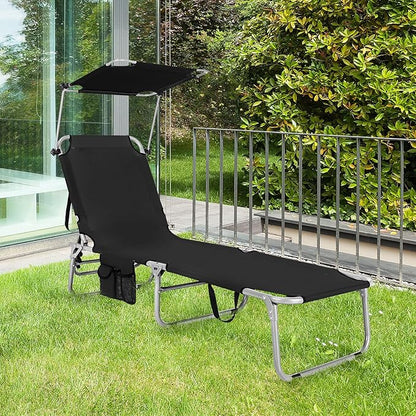 Tangkula Outdoor Folding Chaise Lounge Chair, 5-Fold Reclining Beach Chair, Patio Recliner Chair w/ 360° Canopy Shade & Side Storage Pocket, Portable Chaise Lounge for Beach, Sunbathing (2, Black)