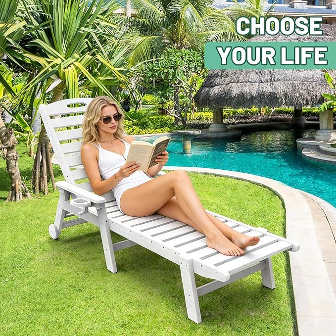Outdoor Lounge Chairs, 78'' Long Patio Lounge Chair HDPE 5-Position Adjustable with Cup Holder & Rolling Wheels, Pool Lounge Chair for Sunbathing Tanning, Deck, Poolside -White