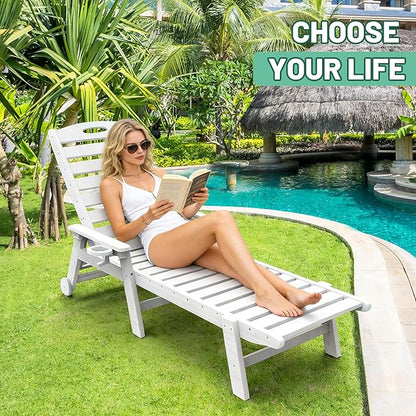 Outdoor Lounge Chairs, 78'' Long Patio Lounge Chair HDPE 5-Position Adjustable with Cup Holder & Rolling Wheels, Pool Lounge Chair for Sunbathing Tanning, Deck, Poolside -White