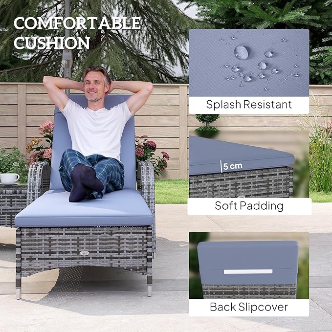 Outsunny Wicker Outdoor Chaise Lounge Chair Set of 3 with Side Table, 5-Level Adjustable Backrest PE Rattan Pool Lounge Chair with Wheels, Cushion & Headrest, Mixed Gray and Gray