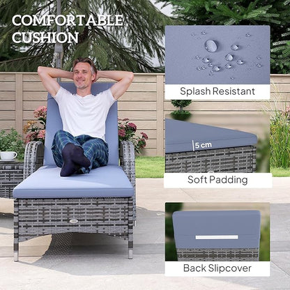 Outsunny Wicker Outdoor Chaise Lounge Chair Set of 3 with Side Table, 5-Level Adjustable Backrest PE Rattan Pool Lounge Chair with Wheels, Cushion & Headrest, Mixed Gray and Gray