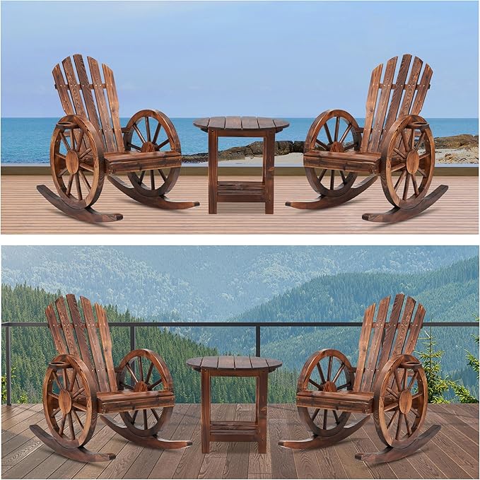 Spurgehom 3 Pieces Outdoor Wood Rocking Chair Set, 2 Patio Decor Yard Glider Rocking Chairs with 1 Side Table, Adirondack Rocking Chair for Porch Lawn Garden Balcony Poolside, Brown