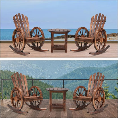 Spurgehom 3 Pieces Outdoor Wood Rocking Chair Set, 2 Patio Decor Yard Glider Rocking Chairs with 1 Side Table, Adirondack Rocking Chair for Porch Lawn Garden Balcony Poolside, Brown