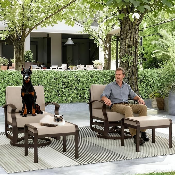 Gotland 4 Piece Patio Set, Metal Outdoor Swivel Chairs Set of 2 with 2 Ottoman 5.1’’ High-Resilience Seat Cushions Removable Cushions, Aluminum Patio Furniture Set for Lawn, Porch, Balcony, Khaki