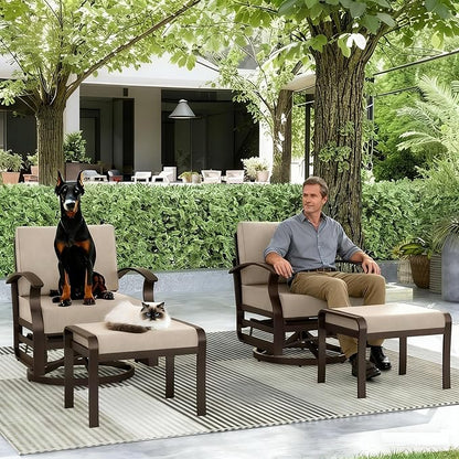 Gotland 4 Piece Patio Set, Metal Outdoor Swivel Chairs Set of 2 with 2 Ottoman 5.1’’ High-Resilience Seat Cushions Removable Cushions, Aluminum Patio Furniture Set for Lawn, Porch, Balcony, Khaki
