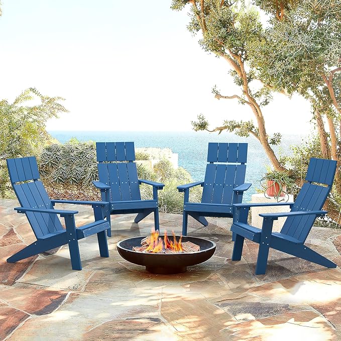 LUE BONA Modern Adirondack Chairs Set of 4, Navy Blue Plastic Adirondack Chair, High Back Poly Adirondack Fire Pit Chairs Weather Resistant, Patio Outdoor Chairs for Porch, Deck, Pool, Garden, 330LBS